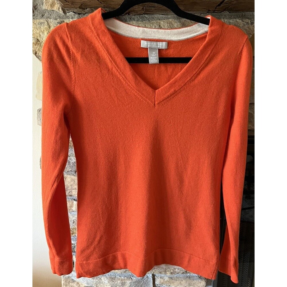 Banana Republic Extra Fine Merino Wool V Neck Sweater Size Medium Orange Bliss